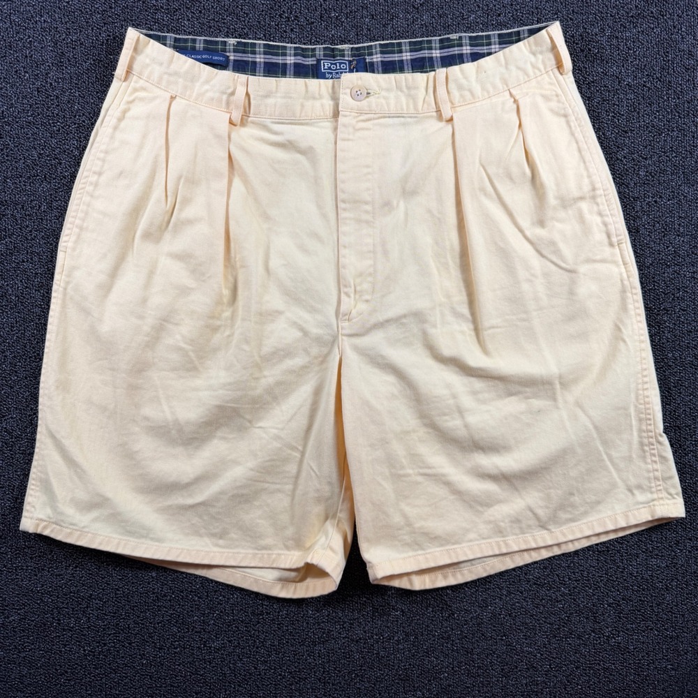 Vintage Polo Ralph Lauren Yellow Double Pleated Classic Golf Shorts 36 Crest USA